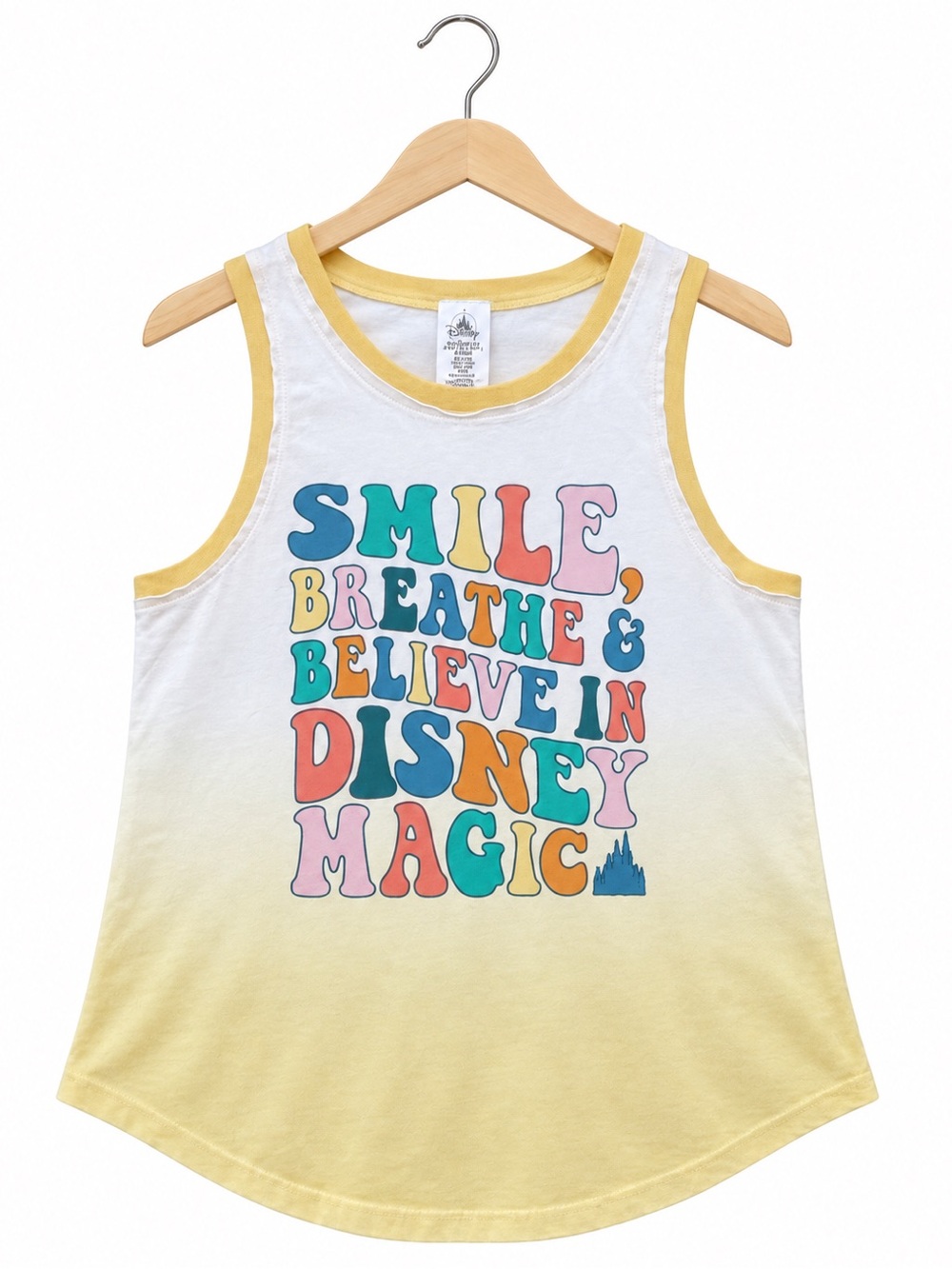 NWT Disney Tank Top XS Womens Yellow Ombre Smile Breathe Believe In Magic Ringer